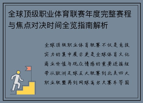 全球顶级职业体育联赛年度完整赛程与焦点对决时间全览指南解析 全球顶级职业体育联赛年度完整赛程与焦点对决时间全览指南解析